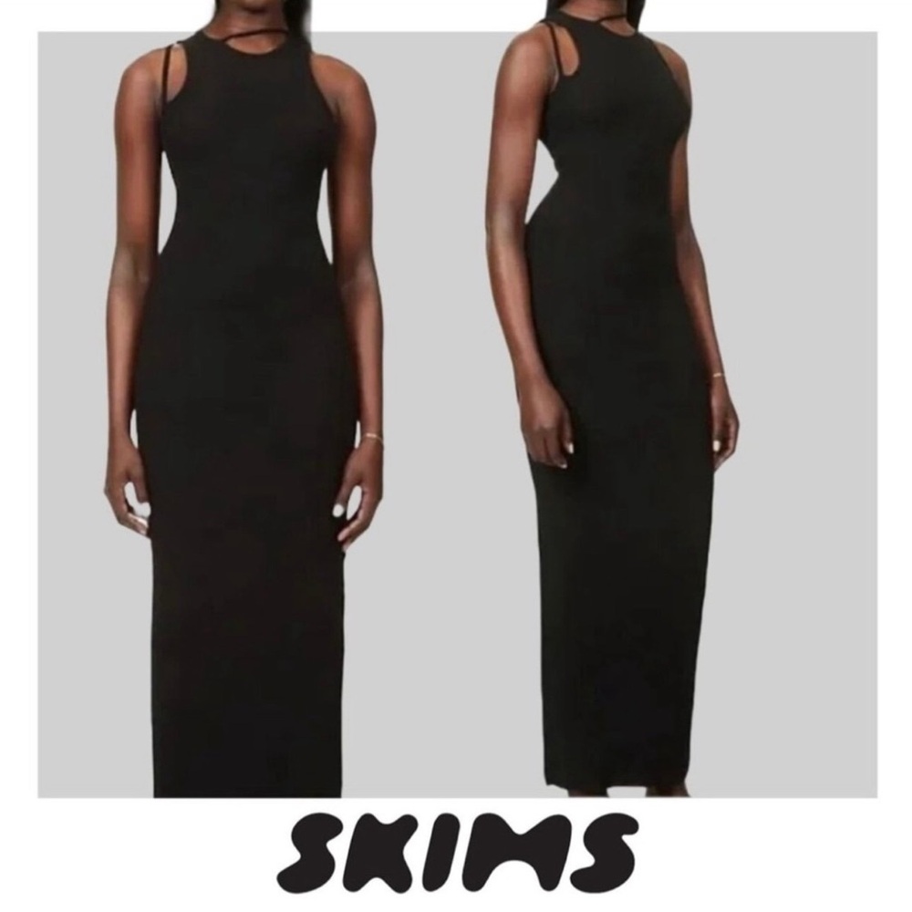 Skims Black Soft Lounge Cut Out Long Slip Dress